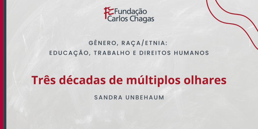 Fundação Carlos Chagas. Gênero, Raça/Etnia: Educação, Trabalho e Direitos Humanos. Três décadas de múltiplos olhares. Sandra Unbehaum. A imagem tem fundo cinza e o texto tem as cores cinza escuro e vermelho. No canto superior direito, há detalhes ondulados em vinho.