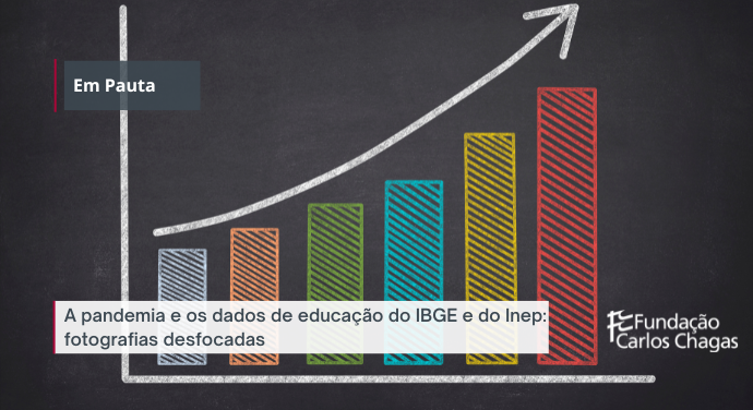 Em Pauta. A pandemia e os dados de educação do IBGE e do Inep: fotografias desfocadas. Na imagem um gráfico com quatro barras verticais desenhadas com giz em uma lousa. Logo da Fundação Carlos Chagas