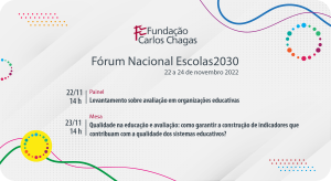 Cartaz com os dizeres: Fundação Carlos Chagas. Fórum Nacional Escolas2030 22 a 24 de novembro 200. No centro há o texto: 22/11 - 14h Painel: Levantamento sobre avaliação em organizações educativas. Abaixo há o texto: 23/11 - 14 h Mesa: Qualidade na educação e avaliação: como garantir a construção de indicadores que contribuam com a qualidade dos sistemas educativos? A imagem tem fundo cinza com linhas curvadas nas cores verde, rosa, azul e roxo. Há também pequenos círculos coloridos.