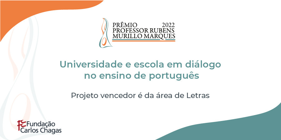 Cartaz com os dizeres: Prêmio Professor Rubens Murillo Marques 2022. Universidade e escola em diálogo no ensino de português. Projeto vencedor é da área de Letras. A imagem tem fundo branco, com uma ondulação laranja na parte superior e outra em verde na parte inferior.