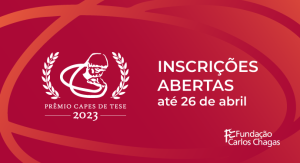 Cartaz com os dizeres: Prêmio CAPES de Tese 2023. Inscrições abertas até 26 de abril. Fundação Carlos Chagas. A Imagem tem fundo vinho. Arcos em diferentes tons de vermelho circundam o texto.