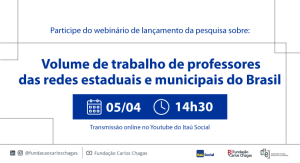 Cartaz com os dizeres: Participe do webinário de lançamento da pesquisa sobre Volume de trabalho de professores das redes estaduais e municipais do Brasil. 05 de abril, às 14 horas e 30 minutos. Transmissão online no YouTube do Itaú Social. A imagem tem fundo branco e texto em azul. As logomarcas do Itaú Social, da Fundação Carlos Chagas e do D3e aparecem na barra inferior.