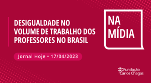 Cartaz com os dizeres: Na Mídia. Desigualdade no volume de trabalho dos professores no Brasil. Jornal Hoje. 17 de abril de 2023. Fundação Carlos Chagas. A imagem tem fundo vermelho com texto em branco.