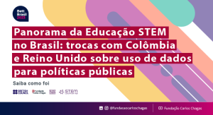 Texto: Panorama da Educação STEM no Brasil: trocas com Colômbia e Reino Unido sobre o uso de dados para políticas púbicas. Bett Brasil 2023. Saiba como foi. Logos do British Council, Fundação Carlos Chagas, Kings College London e STEM Hub Education. A peça é composta por grafismos. No rodapé aparecem os ícones do LinkedIn e Instagram @fundacaocarloschagas e ícone do YouTube Fundação Carlos Chagas