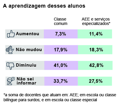 Gráfico de barras horizontais nas cores cinza, lilás e verde
intitulado A aprendizagem desses alunos.